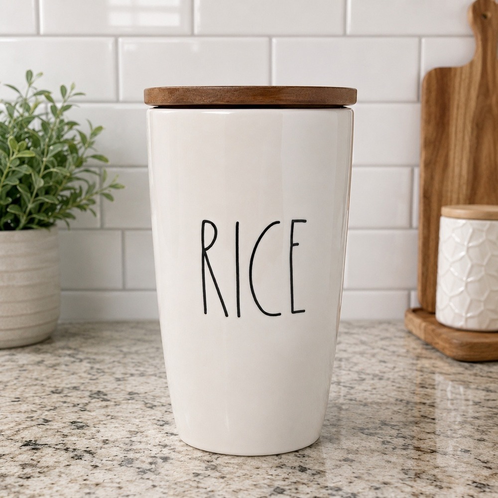 Rae Dunn‎ Ceramic Tall Rice Canister with Wooden Lid Kitchen Storage Dimpled 202